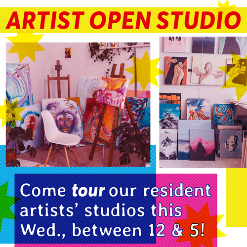A bright-colored instagram post showing two photos of art studios filled with paintings. Above and below the images is text reading Artist Open Studio! Come tour our resident artist' studios this Wed., between 12 & 5!
