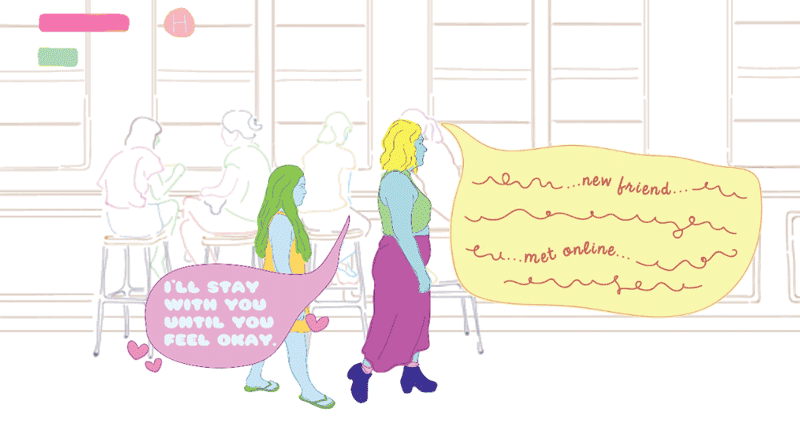An animation showing a child and an adult walking through a space, past a large speech bubble. A smaller speech bubble appears saying I'll stay with you until you feel okay.