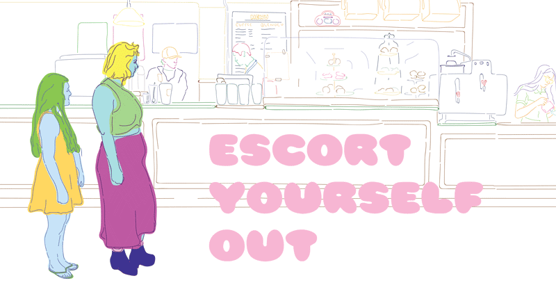 An animation showing a child and an adult, standing to the side, next to the words Escort Yourself Out.