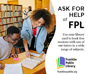 An image showing two people in a library, looking at a book together. Text beside them reads Ask for help at FPL. Use your library card to book free sessions with one of our tutors in a wide range of subjects.