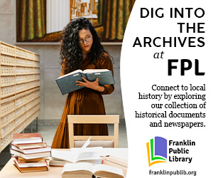 An image showing someone in a library archive, holding a book. Text beside them reads Dig into the archives at FPL. Connect to local history by exploring our collection of historical documents and newspapers.