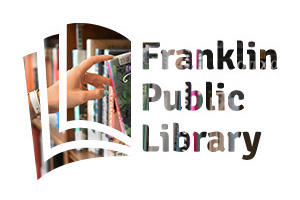 A logo showing half of an open book with three pages. Beside the pages is text reading Frankling Public Library. This logo is overlaid over a photo of someone pulling a book from a library shelf - the logo itself is a window through to the photo, and everything outside of it is white and hides the photo beneath.