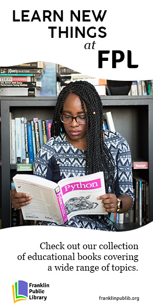 An image showing someone reading a book on Python. Above and below them is text reading Learn new things at FPL. Check out our collection of educational books covering a wide range of topics.