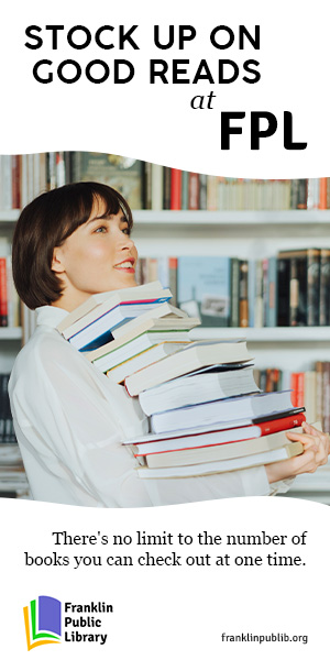 An image showing someone holding a stack of books up to their chin. Above and below them is text reading Stock up on good reads at FPL. There's no limit to the number of books you can check out at one time.