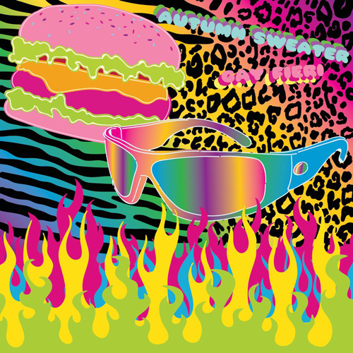 An illustration of a burger and sunglasses on a background of rainbow cheetah-print, rainbow zebra-print, and rainbow flames. Text near the top reads Autumn Sweater, Gay Fieri.