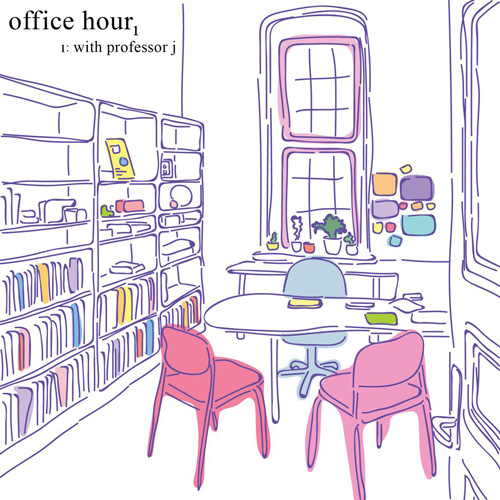 An illustration of an office with one desk, three chairs, and a bookcase. Text near the top reads Office hour, with a subscript 1. Below that is text reads 1: with professor j.