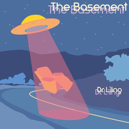 An illustration of an armchair being lifted up into a UFO on a country road. Text above and to the side reads The Basement, Dr. L'ling.