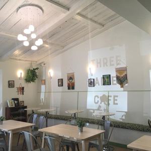 A photo of a cafe with white walls and art hung up. A shadow on one of the walls reads Three Ladies Cafe.