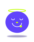 an animation of a round, purple, smiling face with a halo, bouncing up and down